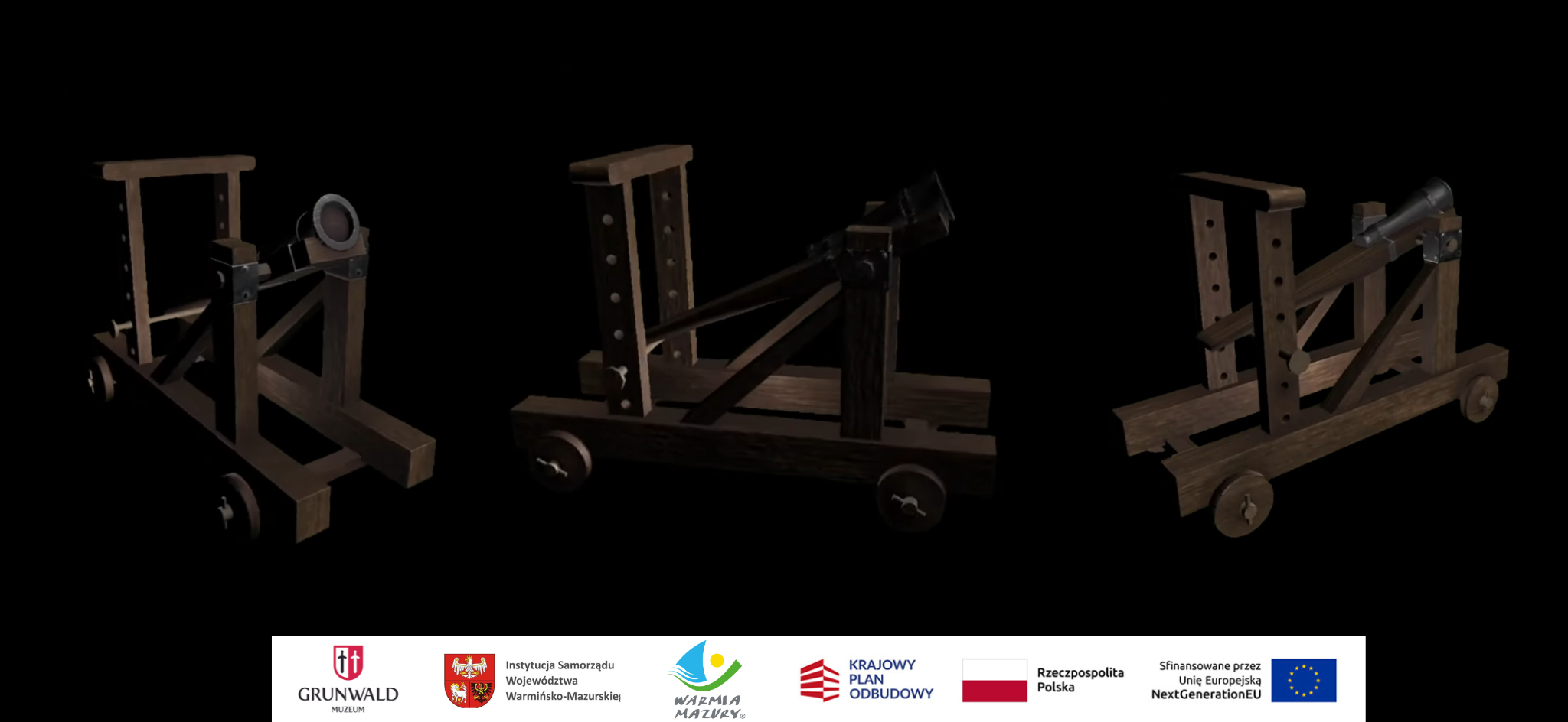obraz przedstawia armatę 3D z różnych stron na czarnym tle
