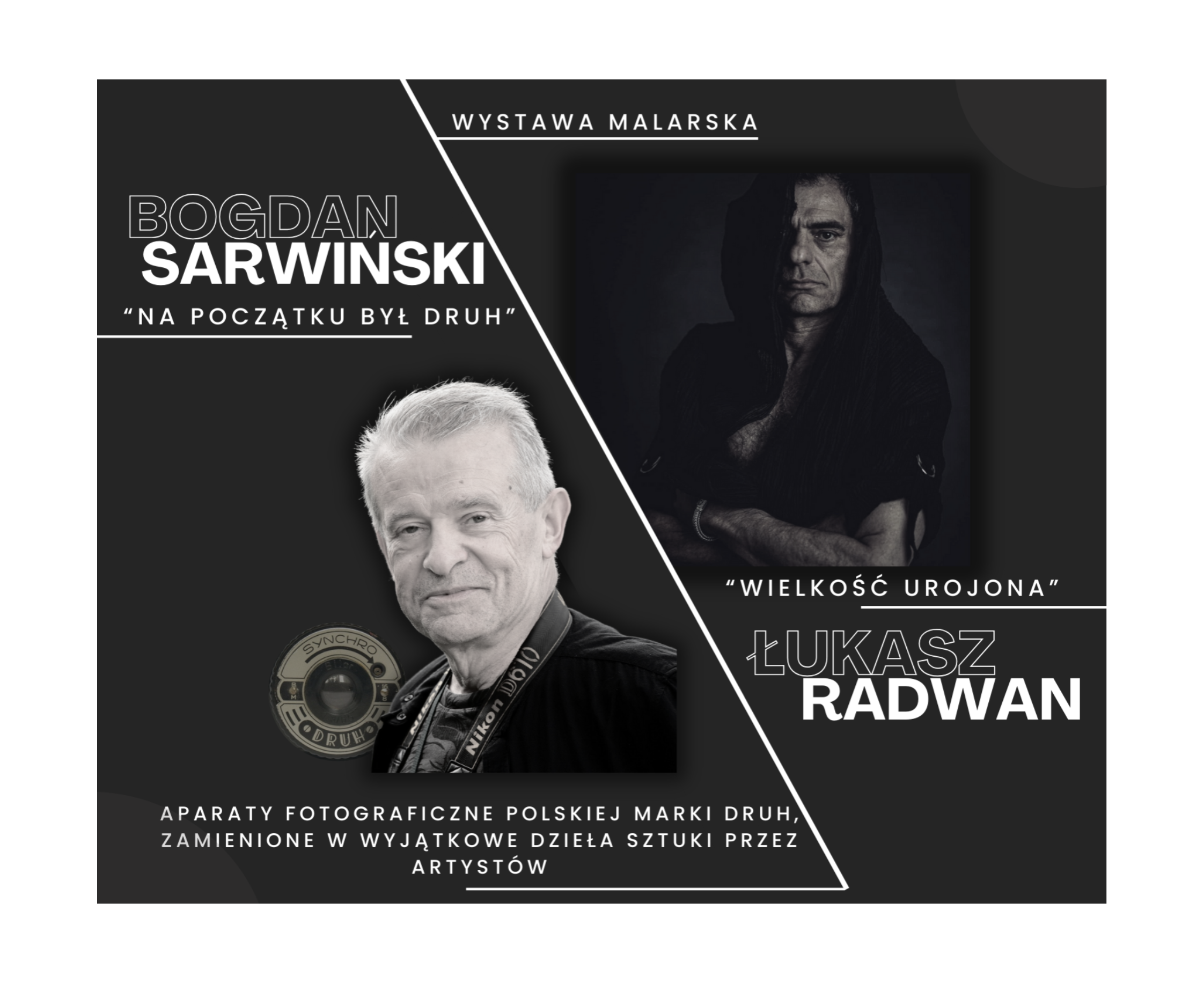 Obraz przedstawia dwóch mężczyzn na ciemnym tle. Jest to plakat promujący wydarzenie pt. Otwarcie dwóch wystaw czasowych w Galerii Sztuki Grunwaldzkiej