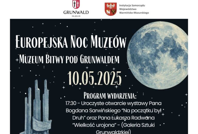Obraz przedstawia księżyc na ciemnym tle z gwiazdami i pomnikiem symbolizującym maszty polskie i litewskie.